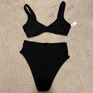AERIE Plunge Bikini Top + High-Waisted Bottoms (L)